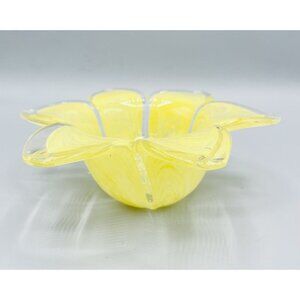 Murano? Flower Art Glass Votive Trinket Jewelry Dish Yellow Swirl Handblown